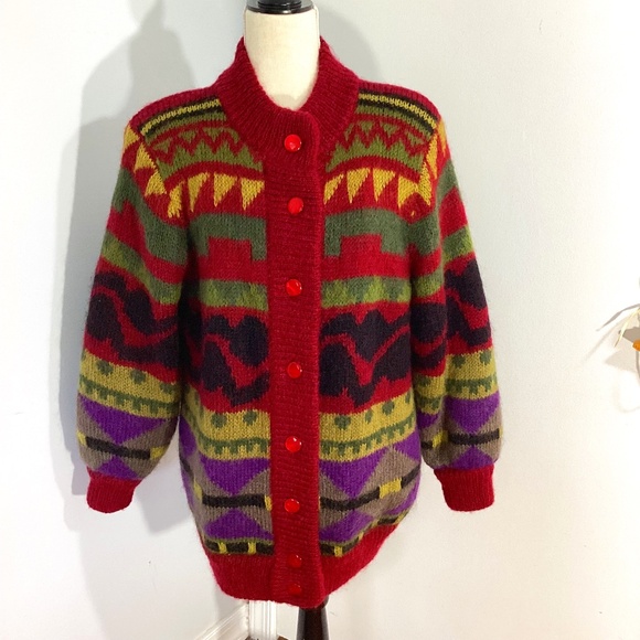 VINTAGE 80-90'S WOMAN ALSEINE LARGE  KNIT WOOL BLEND JACKET LINED UNIQUE - Picture 1 of 12